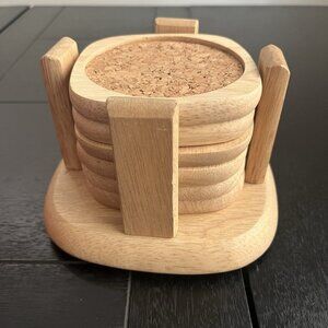 Vintage wood cork coaster set of 6 with holder New Blond Wood Farmhouse Rustic